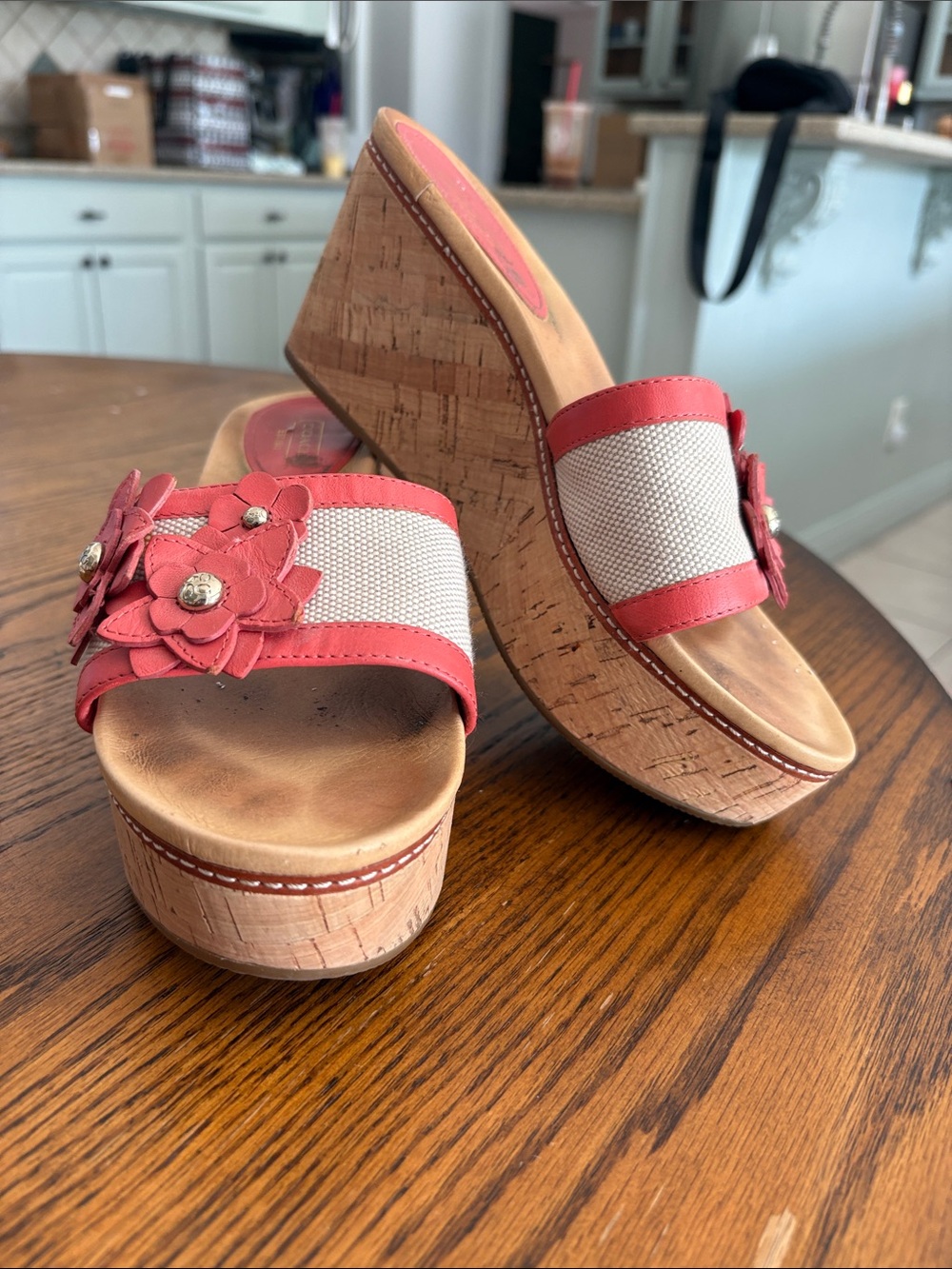 Coach Coral and Cream Cork Platform Wedge Sandals minor wear.